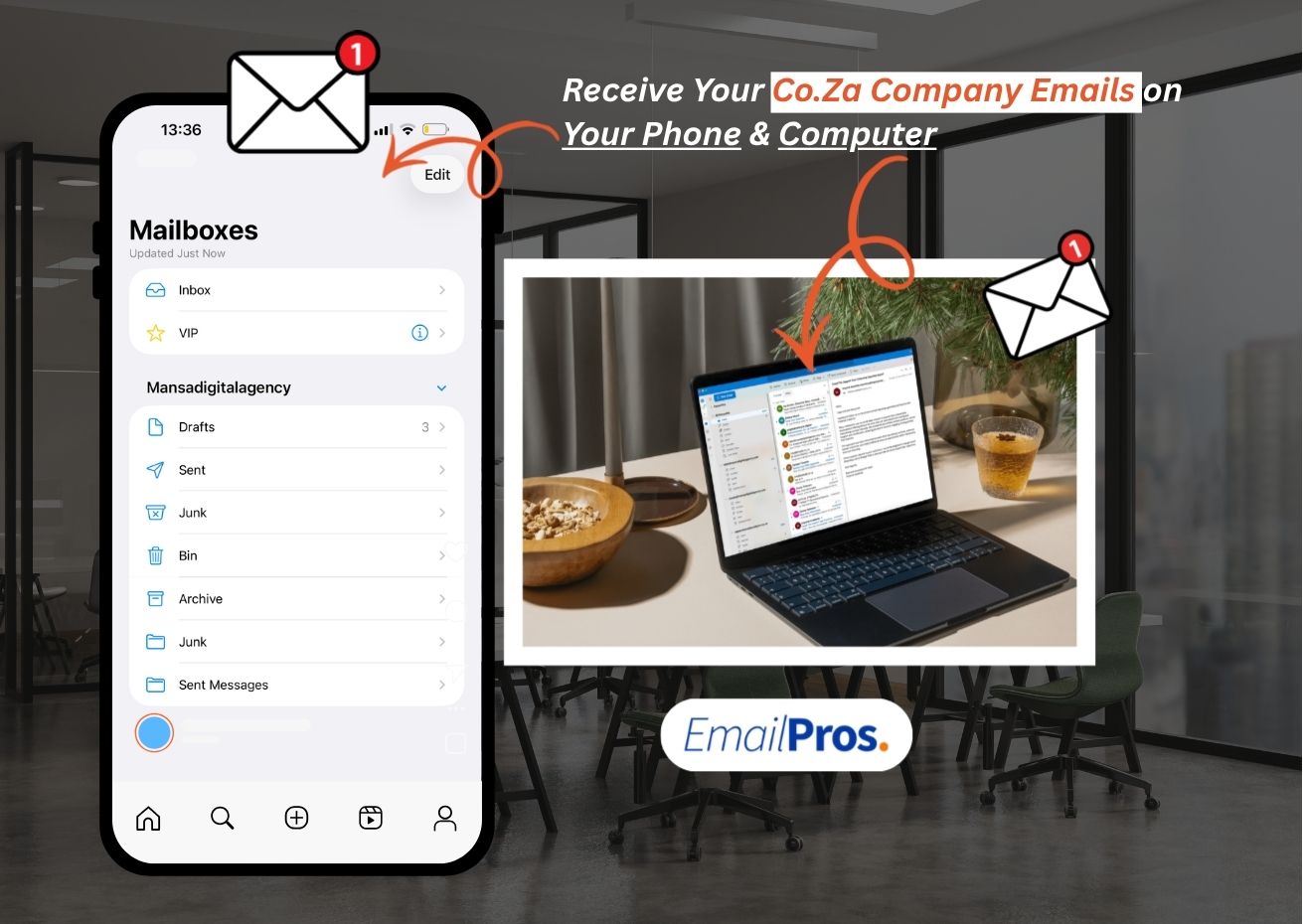 Receive your Co.Za company emails on your phone and computer with EmailPros