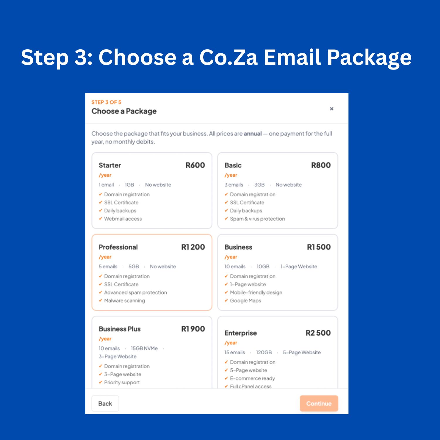 Step 3 Choose a Co.Za Email Package
