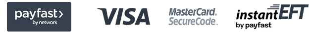 Accepted payment methods: PayFast, Visa, MasterCard SecureCode, Instant EFT